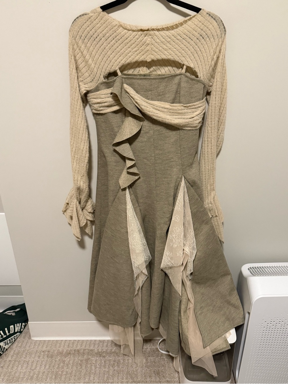 Cream and Beige Layered Long-Sleeve Knit Dress with Ruffle Accents